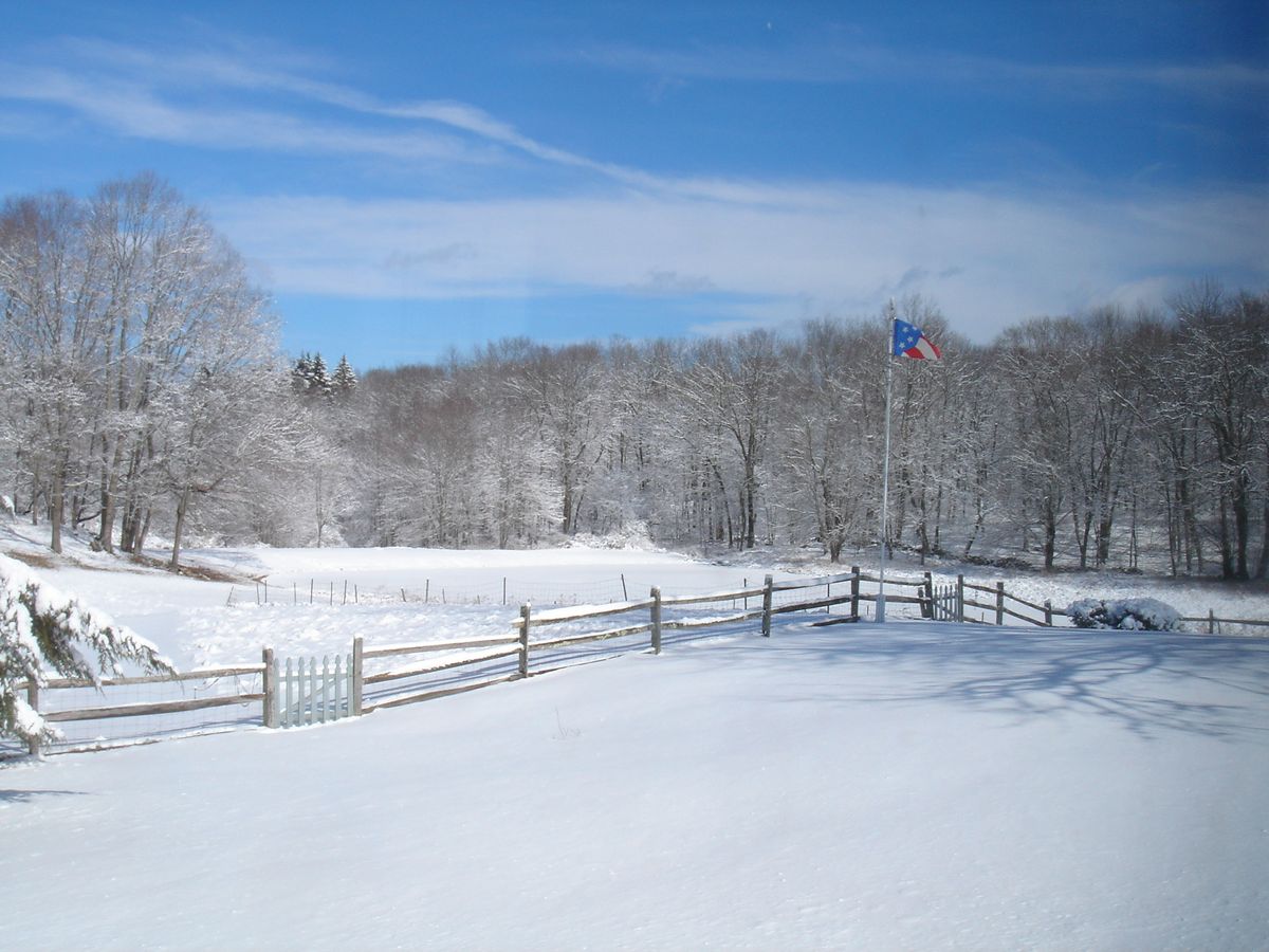 The fenced field and flagpole under snow